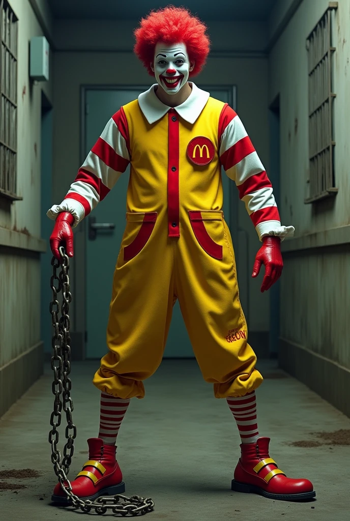Ronald Mcdonald smoking with prison chain in hand with prison outfit