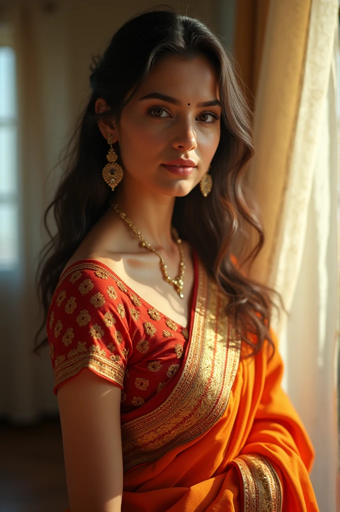 A beutiful women parfect face 25 year old woman wearing saree at home.