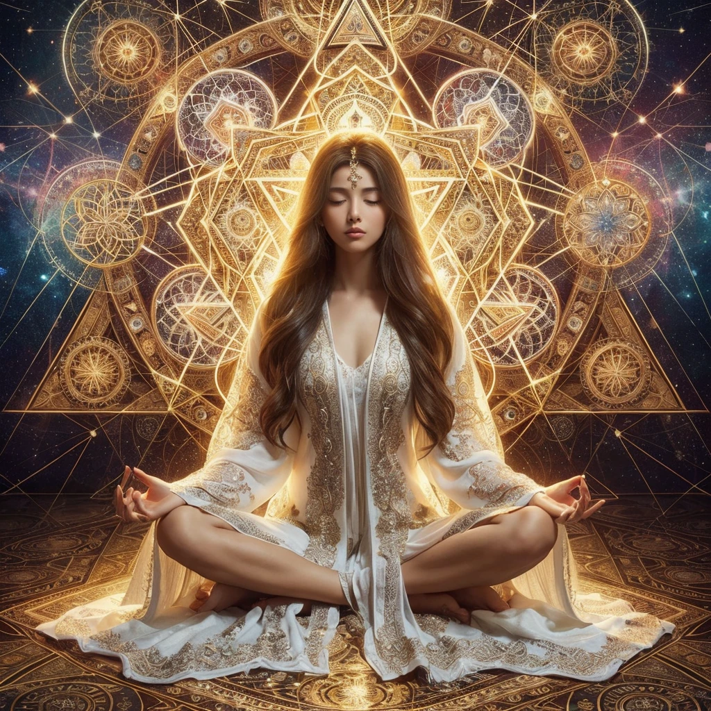 "Embracing Spiritual Challenges: The Path to Inner Growth and Universal Harmony" A beautiful young woman sits in meditation, her long hair cascading down. She is adorned in an exquisitely embroidered white robe with intricate gold patterns. Surrounding her are geometric designs and complex golden Star of David symbols, with some forming a large halo behind her head, background universal vibrations cosmic energy, unconditional love, spiritual awakening,