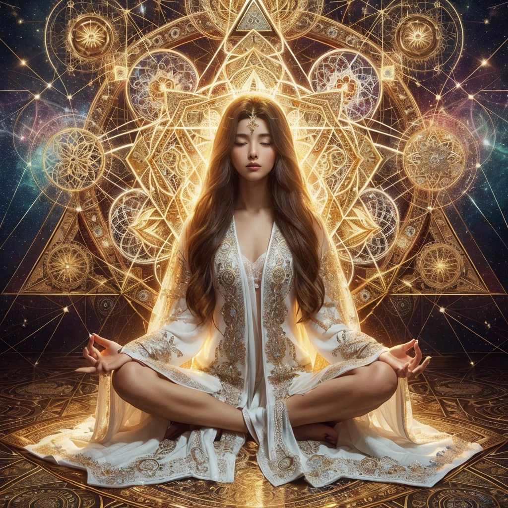 "Embracing Spiritual Challenges: The Path to Inner Growth and Universal Harmony" A beautiful young woman sits in meditation, her long hair cascading down. She is adorned in an exquisitely embroidered white robe with intricate gold patterns. Surrounding her are geometric designs and complex golden Star of David symbols, with some forming a large halo behind her head, background universal vibrations cosmic energy, unconditional love, spiritual awakening,