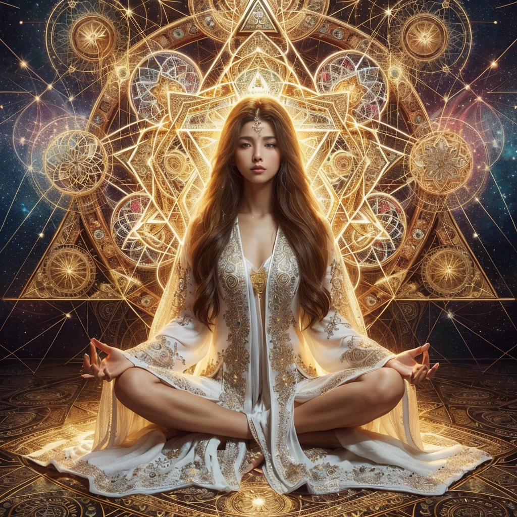 "Embracing Spiritual Challenges: The Path to Inner Growth and Universal Harmony" A beautiful young woman sits in meditation, her long hair cascading down. She is adorned in an exquisitely embroidered white robe with intricate gold patterns. Surrounding her are geometric designs and complex golden Star of David symbols, with some forming a large halo behind her head, background universal vibrations cosmic energy, unconditional love, spiritual awakening,