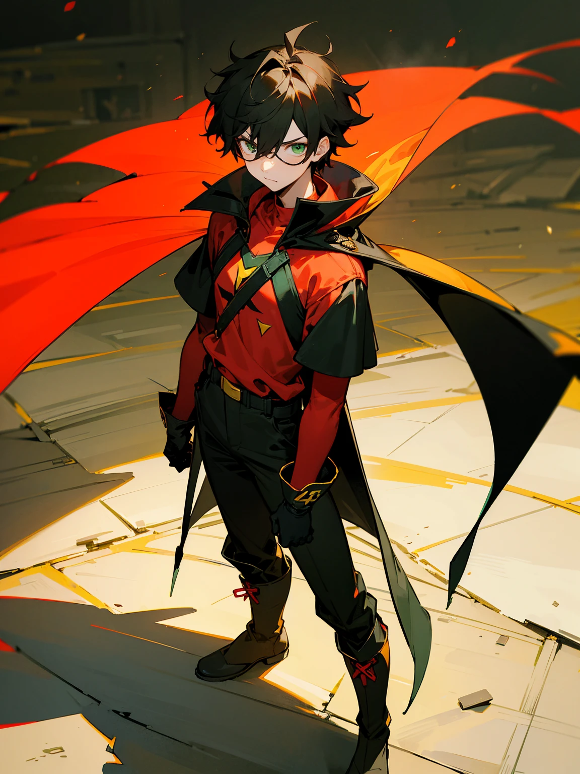 1male , Young Male , Red and Yellow T-Shirt with black fitted long sleeves under , Black Gloves, Green Boots , Robin Symbol on Shirt , Black and Cape, Messy Hair , Serious Expression , Standing on sidewalk, ((Robin Inspiration)), sunglasses