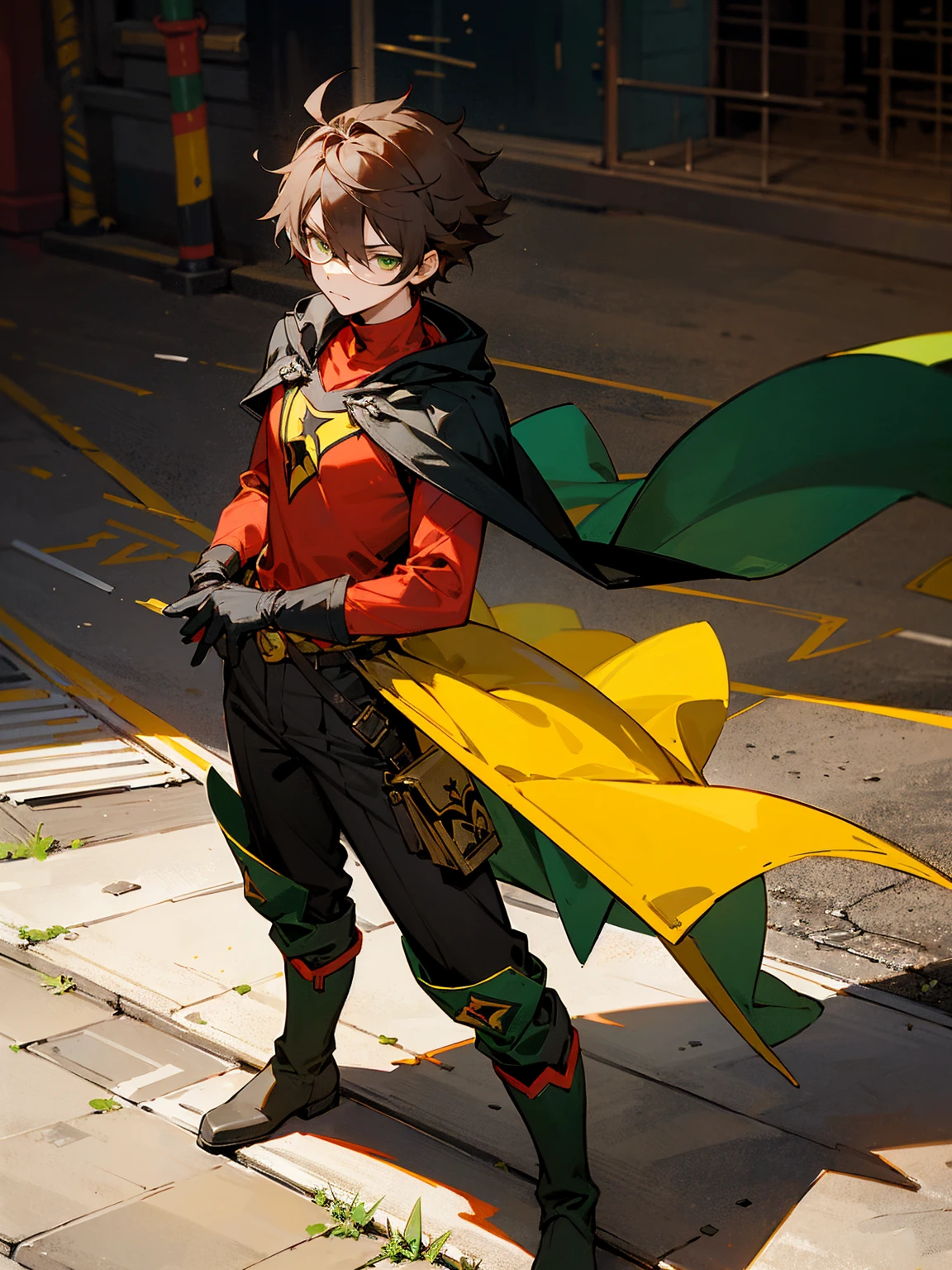 1male , Young Male , Red and Yellow T-Shirt with black fitted long sleeves under , Black Gloves, Green Boots , Robin Symbol on Shirt , Black and Cape, Messy Hair , Serious Expression , Standing on sidewalk, ((Robin Inspiration)), sunglasses