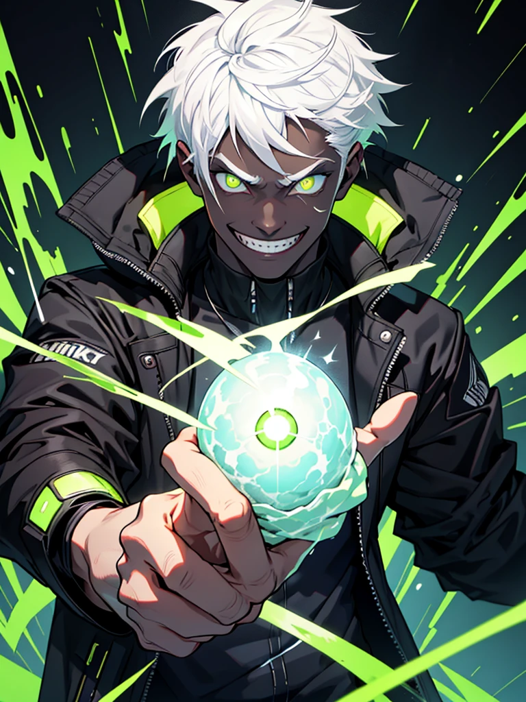 1boy, solo, a man in a black jacket with a smug grin reaching his hand out about to grab the viewer emitting static electricity from his body, dark skin, Short hair, white hair, green pupils, luminous pupils, grin, sadistic grin, crazy eyes, black background, male focus, black jacket, white inner shirt, static electricity, cyberpunk 