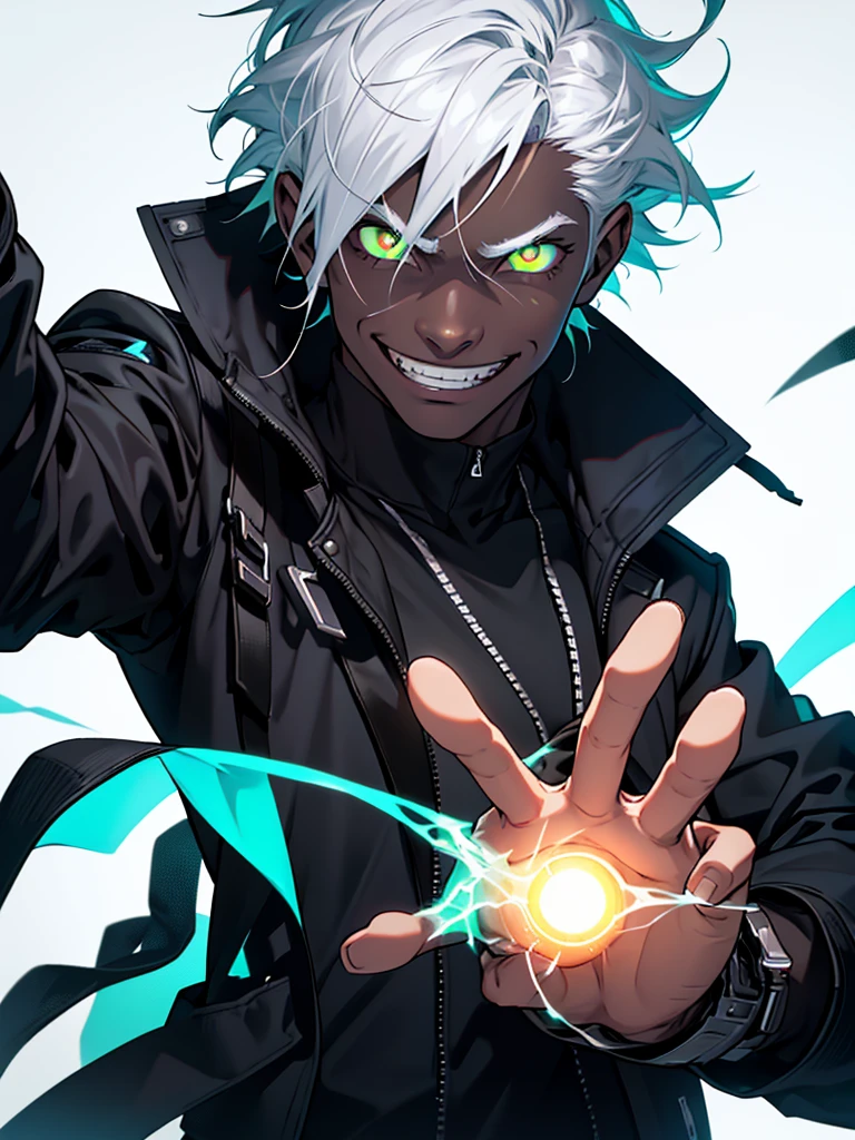 1boy, solo, a man in a black jacket with a smug grin reaching his hand out about to grab the viewer emitting static electricity from his body, dark skin, Short hair, white hair, green pupils, luminous pupils, grin, sadistic grin, crazy eyes, black background, male focus, black jacket, white inner shirt, static electricity, cyberpunk