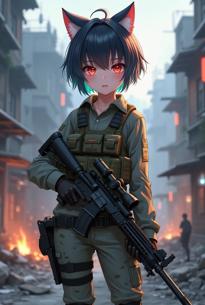 ((Best Quality)), ((masterpiece)), (detailed), (original), (realist), Short hair girl, fire red eyes, cat ears, soft smooth skin, small mouth, pink, glow, parts, introvert, shy, angelic, experience, Whole body, pants with belt, vest with cartridges and bullets, pistol belt on leg, knife, Military equipment, camouflage shirt, Details, army boots, bulletproof vest, survivor, war ruins background, dystopian, textura refinada glow, costume weapon rifle sniper, super long gun with telescopic sight, drone, camera, high caliber bullets, camouflage clothing, blue and turquoise hair strands, combat potion, evasion, gloves, schoolbag, upper rank, Elite, armored vehicles, helicopters, canteen,