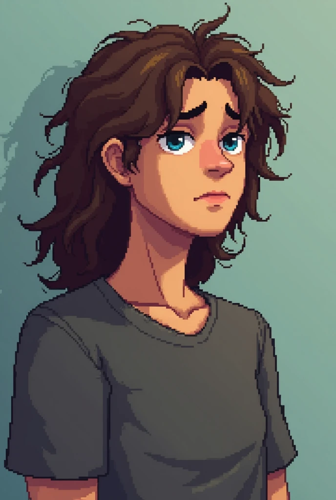 pixelart, pixel style, man, long wavy hair, messy look, tired, brown hair