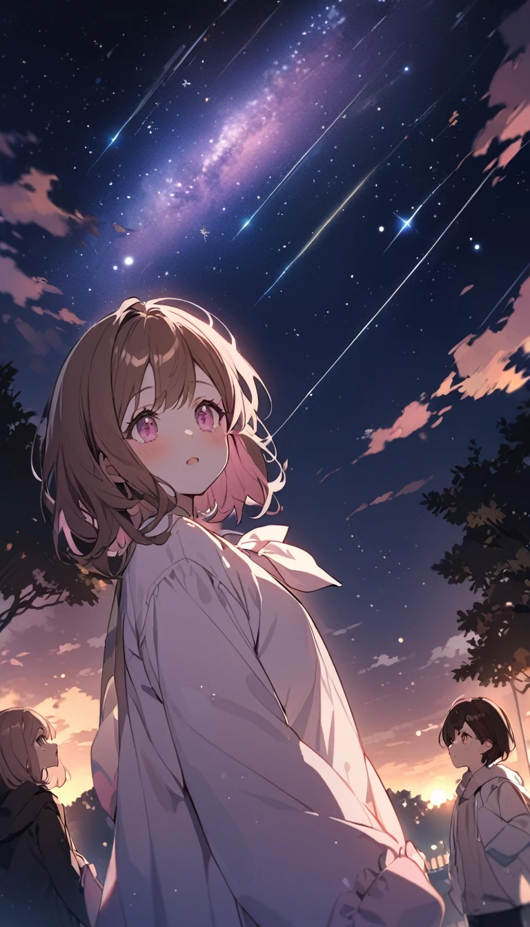 good looking, with two friends, 2 women, Medium Hair, Brown Hair, Pink highlights on the tip,Pale pink eyes,Looking up at the stars in the park at night,Astronomical Observation,An emotional face
