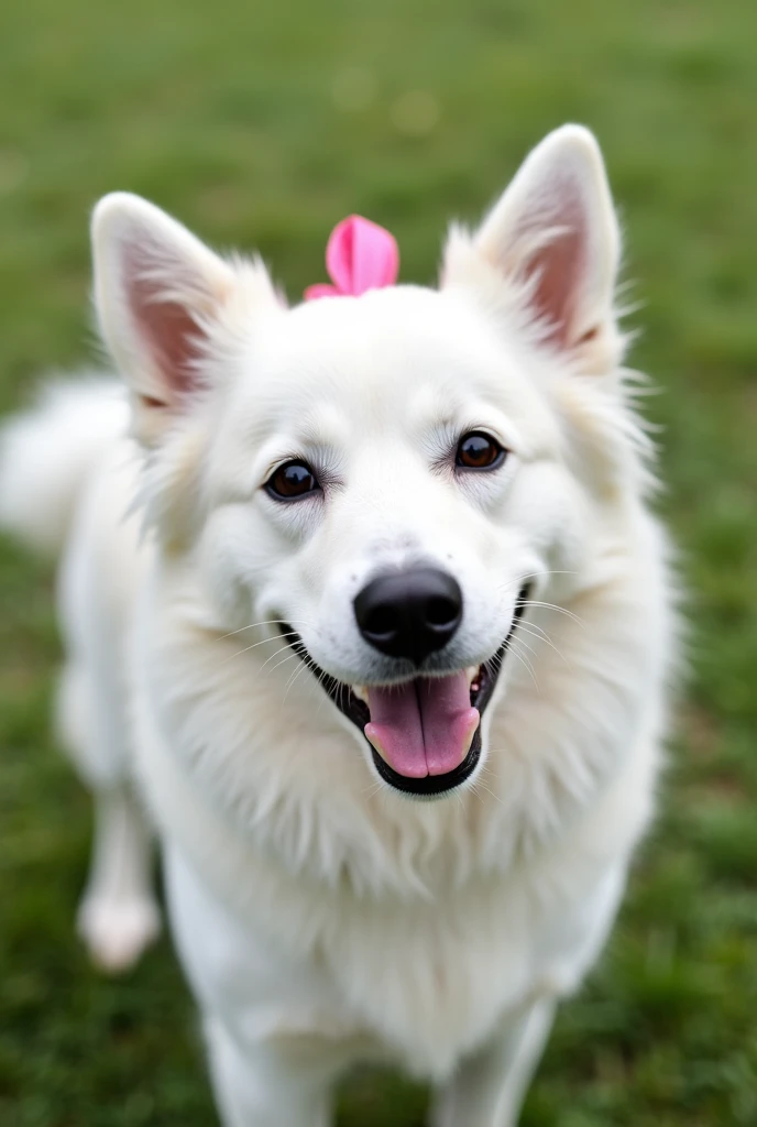 White dog with black eyes and black nose with pink ribbon on head in the park