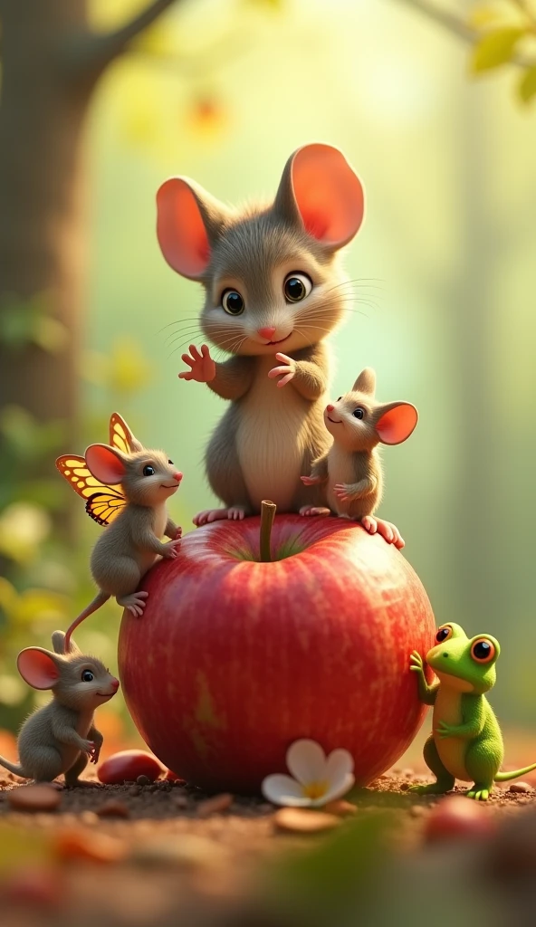 The mouse stretching out its tiny paws from the top of the piles that formed from a baby rabbit, a mouse, a butterfly, and a frog, carefully nudging the apple from its branch, while the other friends watch with anticipation, um personagem animado, Caractere estilizado, animation style rendering, 3D estilizado, Arnold Maya render, 3 d render stylized, toon render keyshot, Personagem 3D, Personagem 3D, 3d rendering stylized, 3d character render, personagem de desenho animado, Personagem