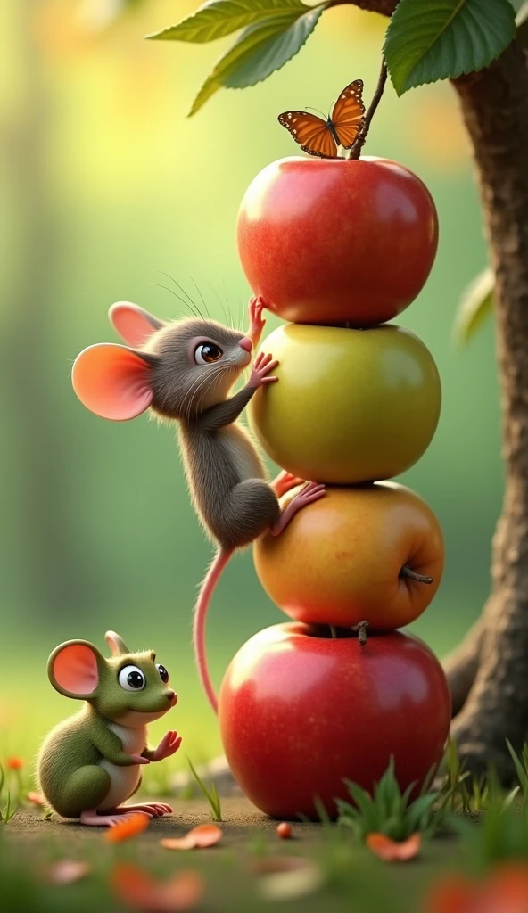 The mouse stretching out its tiny paws from the top of the piles that formed from a baby rabbit, a mouse, a butterfly, and a frog, carefully nudging the apple from its branch, while the other friends watch with anticipation, um personagem animado, Caractere estilizado, animation style rendering, 3D estilizado, Arnold Maya render, 3 d render stylized, toon render keyshot, Personagem 3D, Personagem 3D, 3d rendering stylized, 3d character render, personagem de desenho animado, Personagem