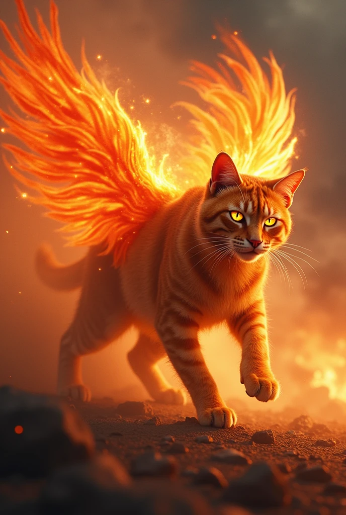 A cat in an attacking pose with the aura of a phoenix