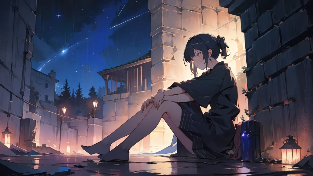 masterpiece,night,(dark alley),star、Night Sky、milky way、octone、
(1. Female), (solo), Knee hugging sitting,acousticguitar
