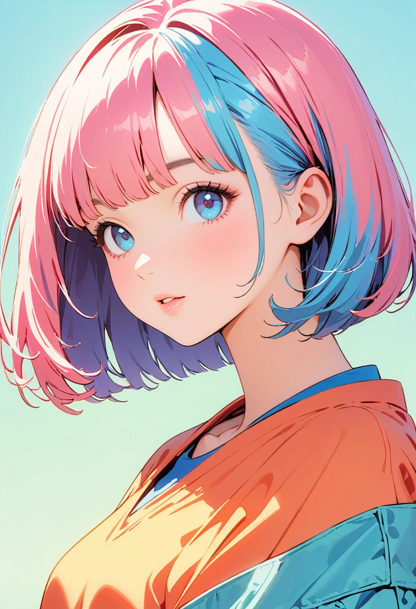 (Highest quality:1.2, City Pop Style, Very detailed, Latest, Vibrant, High Contrast, masterpiece:1.2, Highest quality, Best aesthetics), girl, ((Face Up Shot:1.4)), Colorful Hair, Bobcut, pastel colour, 1980s style, ((Retro, Vintage, Plain background))