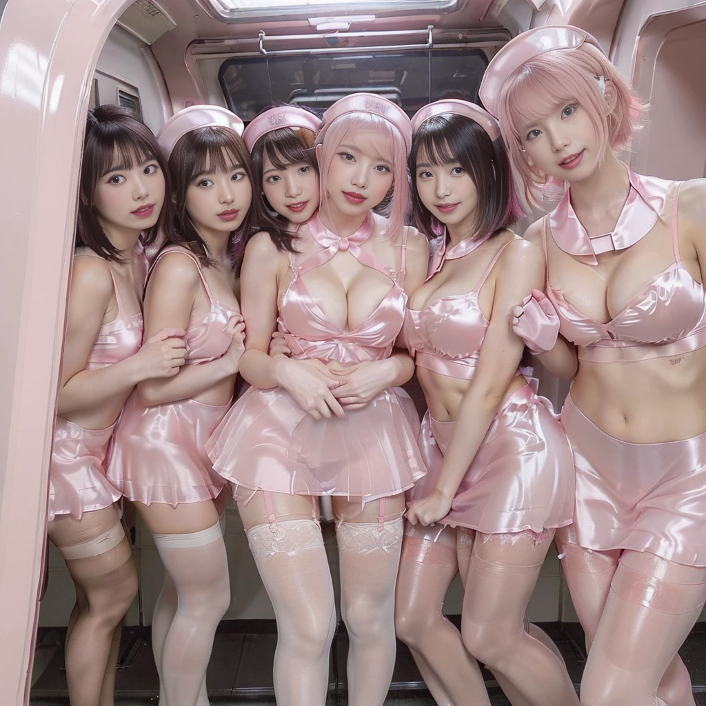 (((Ultra-clear resolution, best quality))), (((super shiny pink silk nurse costume, see-through, miniskirt, group photo of only girls crowded train with female only, impossible breasts, dynamic cleavage of breasts, angle from below, see-through pantyhose, grin, bleached hair, nsfw))), shiny