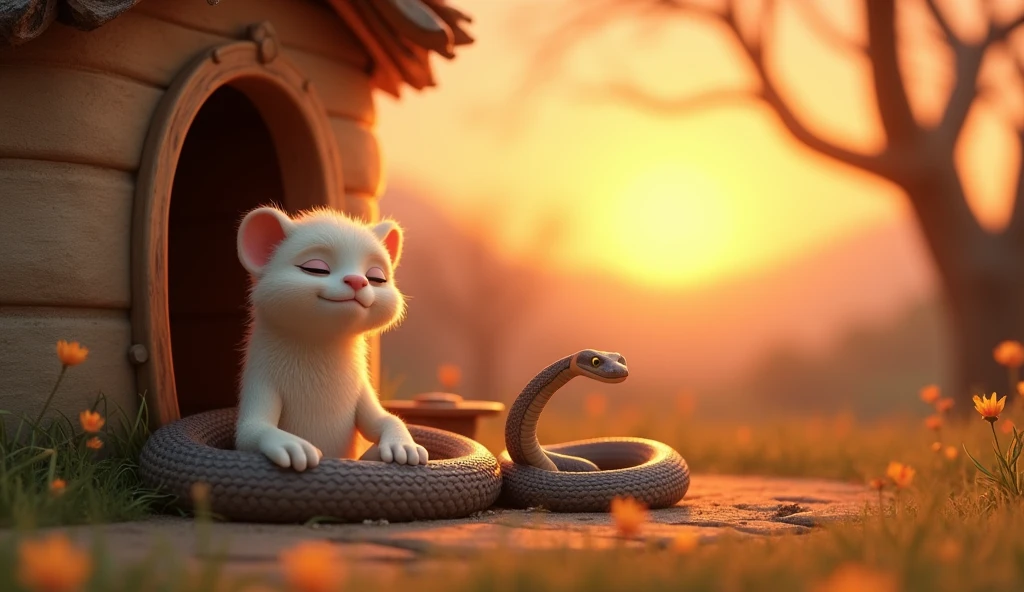 In cinematic 3D cartoon style. Ramü and the Snake Resting in Peaceful Harmony: A final scene showing Ramü sitting peacefully outside his home with the snake beside him. The sun is setting again, casting a serene, golden light, symbolizing the harmony and trust between them.