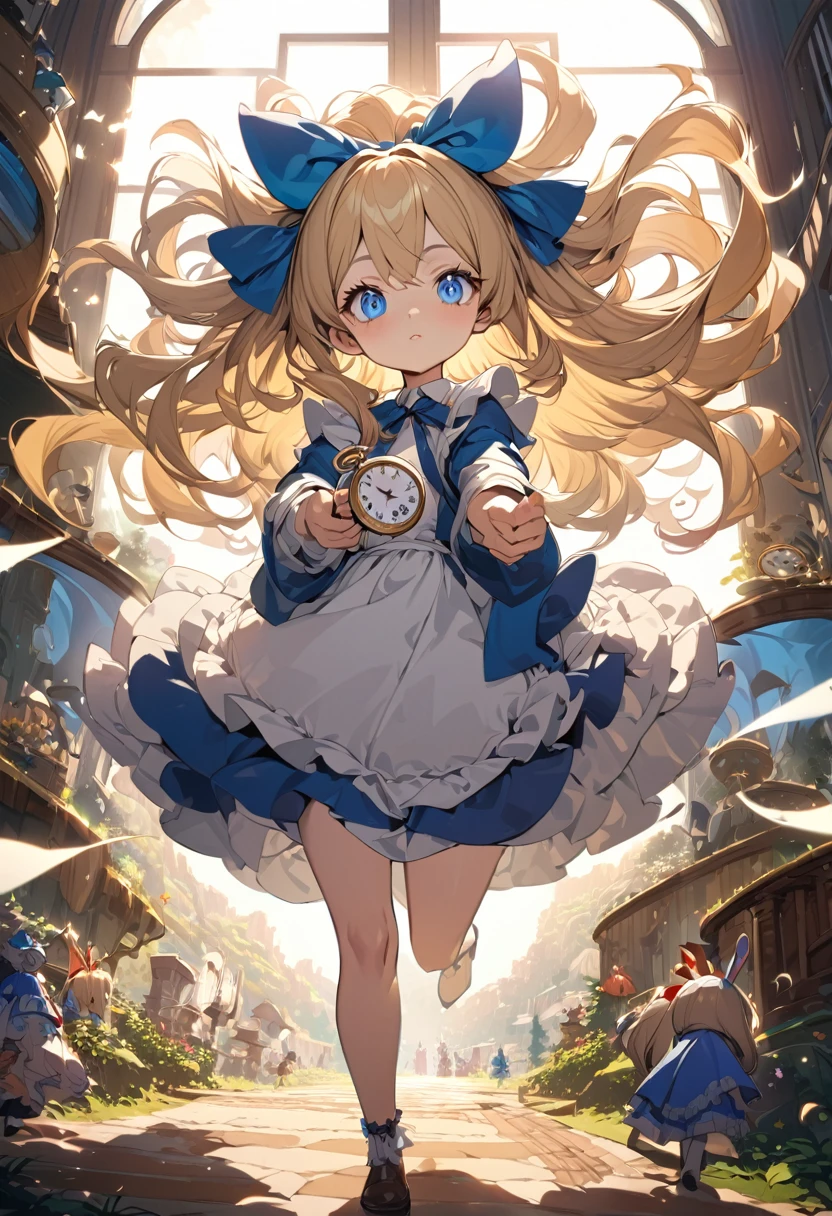 a girl, Clear face, semi long, blonde, blue eyes, radiant eyes, big eyes, big hair ribbon, blue dress with white apron, cute, beautiful, fantasy, light atmosphere, mystical atmosphere, in a bright and colorful world, anime, hard-edged, best quality, insanely detailed, exquisite, beautiful, Full-HD, 16K, highres, aiming at viewer, sunlight, dramatic lighting, best light, dynamic lighting, walking, Steppe with A sepia-toned road with a floating pocket watch, Alice in the wonderland, Perfect Hand Style