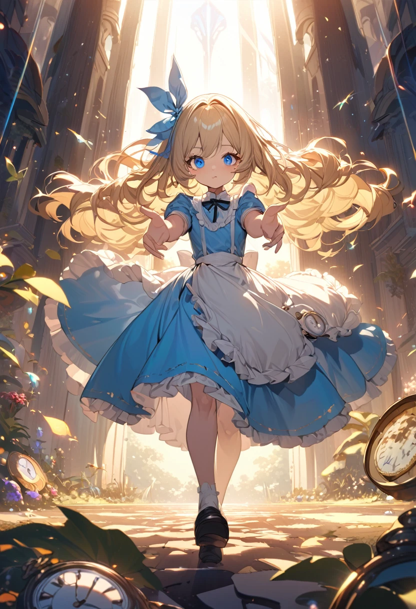 a girl, Clear face, semi long, blonde, blue eyes, radiant eyes, big eyes, big hair ribbon, blue dress with white apron, cute, beautiful, fantasy, light atmosphere, mystical atmosphere, in a bright and colorful world, anime, hard-edged, best quality, insanely detailed, exquisite, beautiful, Full-HD, 16K, highres, aiming at viewer, sunlight, dramatic lighting, best light, dynamic lighting, walking, Steppe with A sepia-toned road with a floating pocket watch, Alice in the wonderland, Perfect Hand Style