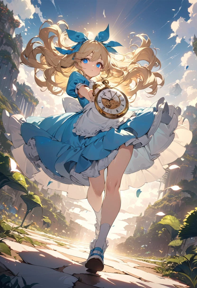a girl, Clear face, semi long, blonde, blue eyes, radiant eyes, big eyes, big hair ribbon, blue dress with white apron, cute, beautiful, fantasy, light atmosphere, mystical atmosphere, in a bright and colorful world, anime, hard-edged, best quality, insanely detailed, exquisite, beautiful, Full-HD, 16K, highres, aiming at viewer, sunlight, dramatic lighting, best light, dynamic lighting, walking, Steppe with A sepia-toned road with a floating pocket watch, Alice in the wonderland, Perfect Hand Style