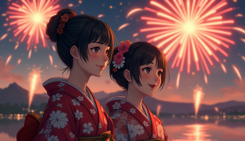 (best quality, masterpiece, ultra detailed), Japanese men and women wearing kimonos are smiling and watching the fireworks