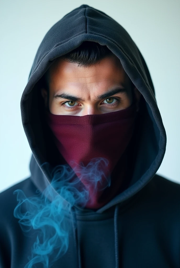 white man wearing a hoodie with the hoodie up, wearing a dark red balaclava mask covering his mouth, with gangster haircut, captured from a low, slightly angled point of view of his head, blue smoke coming from his eyes, looking at the camera, with a transparent background