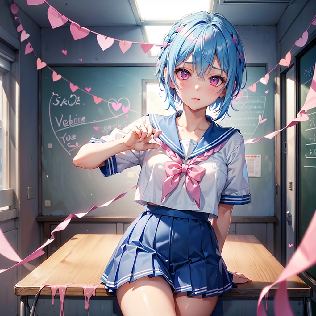 (Sky blue hair),(Braided short hair), (Pink Eyes),Fair skin) ,(whole body),(One Girl),(Ahegao),(The background is a school classroom,blackboard),(Heart-shaped chocolate),(Hand it forward with both hands),(Sailor suit),(valentine's day),(masterpiece, Highest quality, Very detailed, Best Shadow), (Detailed Background), (Beautifully detailed face), High Contrast, (Best lighting, Very delicate and beautiful), ((Cinematic Light)), Hyper Detail,8k, Dramatic Light, Intricate details,High quality