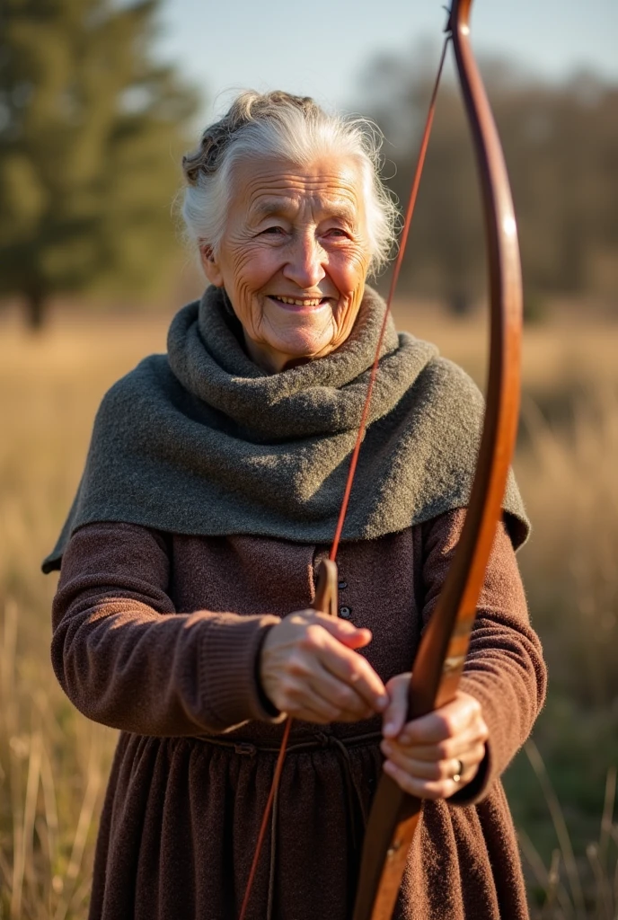 grandma 70-years old with a very kind smile and close eyes is cleaning her bow in the yard of the farm at the sunny weather, she has shawl