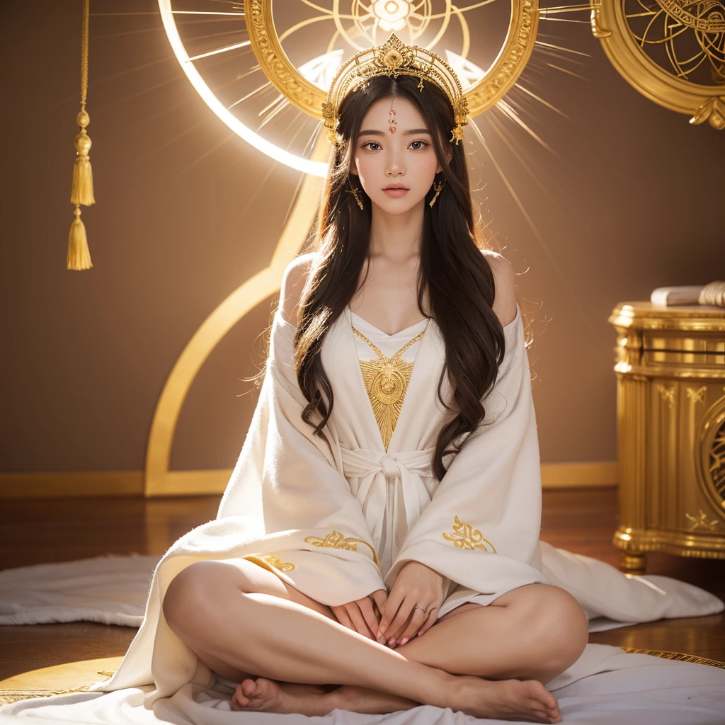 "Embracing Spiritual Challenges: The Path to Inner Growth and Universal Harmony" A beautiful young woman sits in meditation, her long hair cascading down. She is adorned in an exquisitely embroidered white robe with intricate gold patterns. Surrounding her are geometric designs and complex golden Star of David symbols, with some forming a large halo behind her head, background universal vibrations cosmic energy, unconditional love, spiritual awakening,