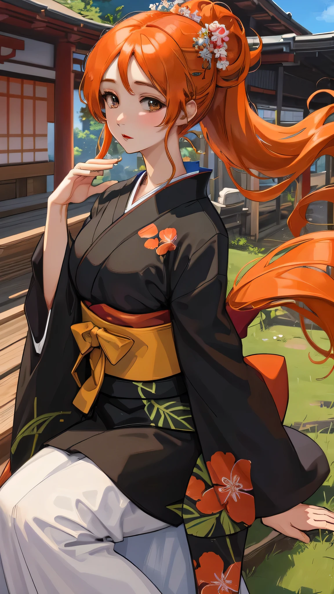 Masterpiece,best quality,high resolution, 8k,uhd,1girl,Inoue Orihime, long orange hair,black kimono busty,portrait,BG Rural area in Japan,