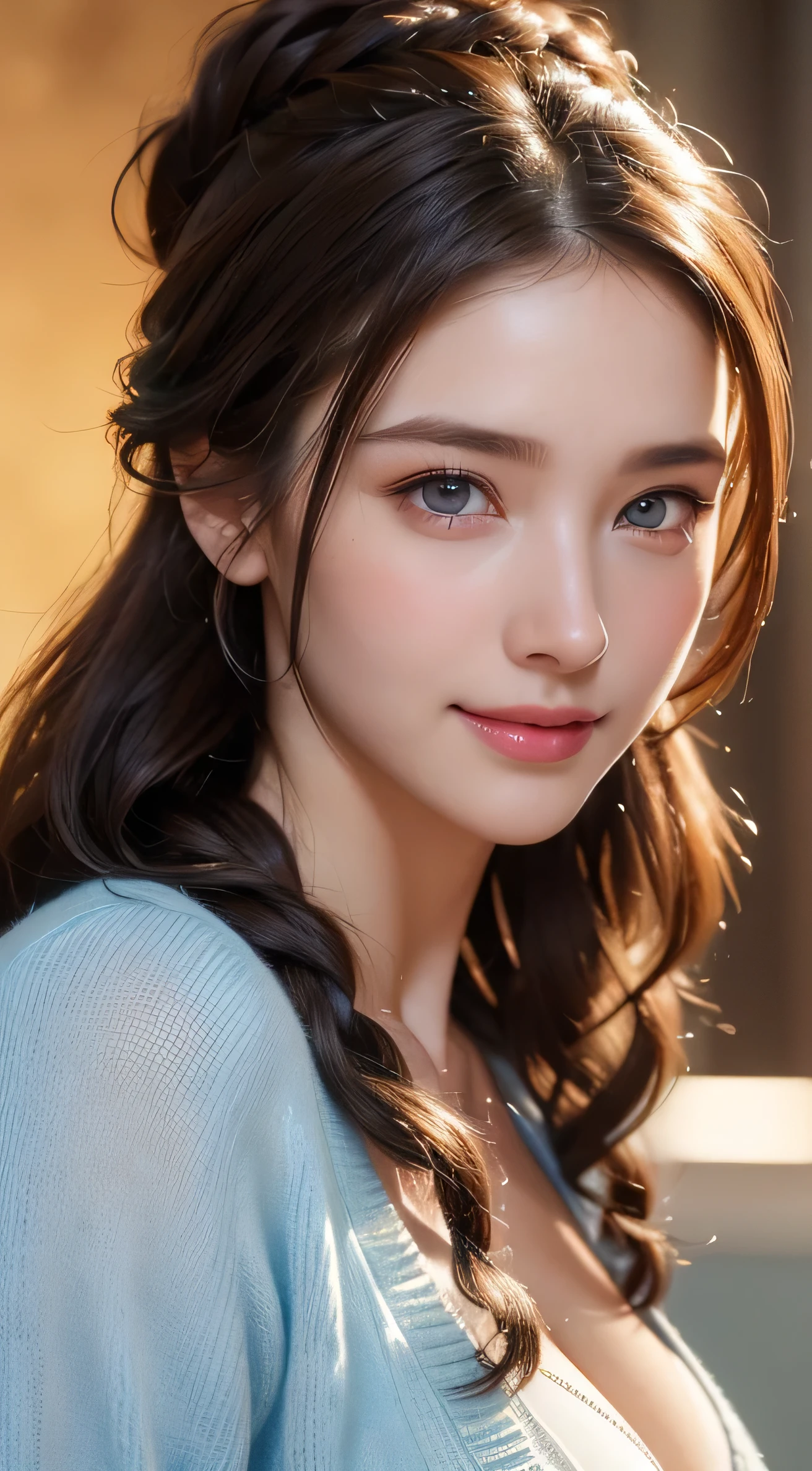 ((A beautiful woman in a light blue cardigan and white bra))，Body Portrait、8K，Eyes in Beautiful Details，dingdall effect、​masterpiece, top-quality, hightquality, hight resolution、hyperdetailed photo、(natural skin textures、Detailed skin、Hyper-Realism、ultra sharpness)、high-detail skin、(ighly detailed、detailed skin textures、intricate detailes、beautiful expression、(Lifelike face)、realisticeyes、beatiful detailed eyes、real looking skin、Beautiful skins、A hyper-realistic、ighly detailed、the golden ratio、With smiling eyeoonlight background at night))、Body Portrait、(Curly hair in braids、Bun１),big breasts, cleavage close up, breast close up