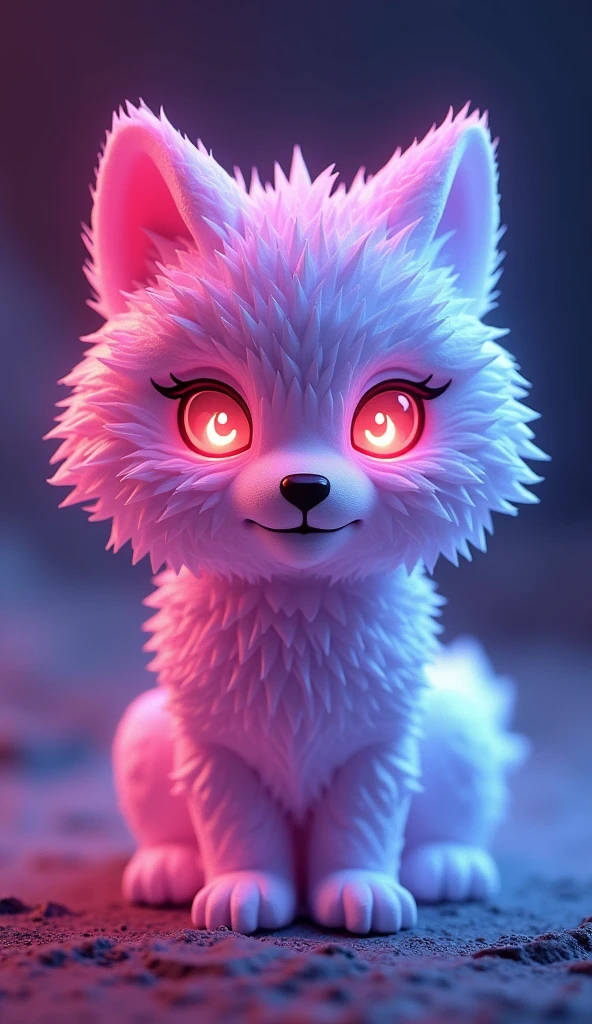 매혹적인 3D rendering은 빛나는 것을 보여줍니다., A very fluffy wolf sculpted entirely from crystal, glowing with vibrant neon colors. This low poly creature looks out of this world, Its big, Glowing low poly eyes that grab the viewer's attention. With a beautiful bokeh background, The glowing wolf is the main focus of this piece.., Inspiring wonder and awe. The innovative use of neon hues and low-poly style in this conceptual art design highlights the artist's creativity and innovative approach to 3D rendering, It made it a truly fascinating and unique piece of art..., vibrant, 3D rendering, product, conceptual art, picture
