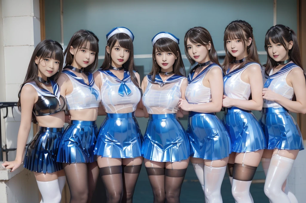 (((Ultra-clear resolution))), (((best quality))), (((super shiny latex dress, tight, pale blue latex, sailor collar, sailor dress, micro pleated skirt, group photo, 6 girls, high neck, impossible breasts, black pantyhose, sleeveless, see-through))),