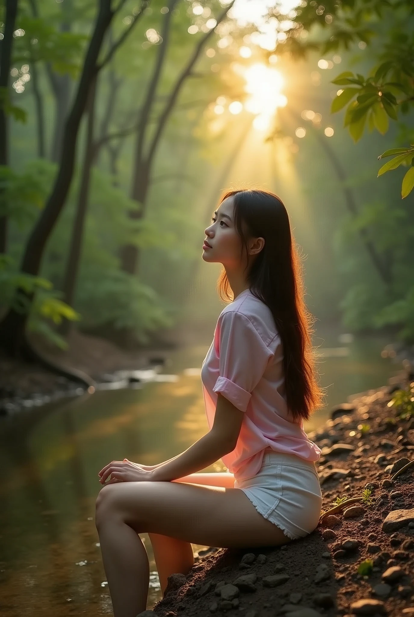 Create 64k photos of a tranquil forest scene at dusk. The forest is bathed in soft, gentle light. There are tall ancient trees. The leaves have a sparkling emerald green color. Low angle portrait. A young woman with a beautiful Thai-Chinese face. ((sexly)) White skin, long brown hair Slim, sexy figure, wearing a pastel pink shirt., white shorts, not wearing shoes She sat gracefully beside the stream. Behind the quiet forest backdrop at dusk The forest was bathed in soft, gentle light. There were tall ancient trees with shimmering leaves. The glitter is emerald green and gold. A stream meanders through forest mildly