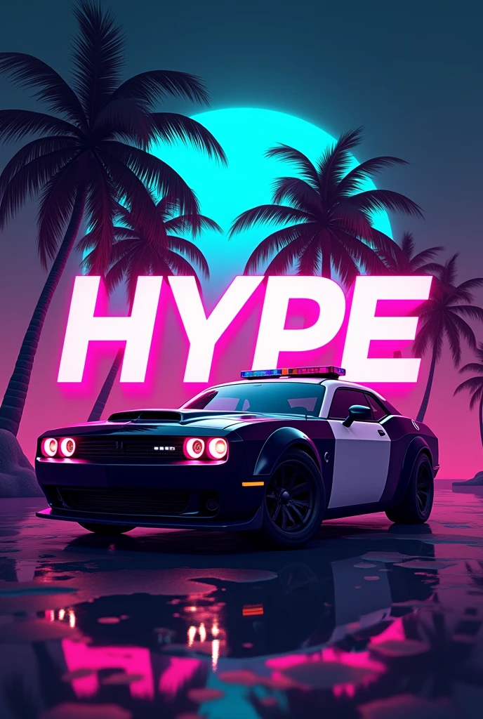 Create a pink logo for a game called hype with a black police car and some coconut trees in the background
