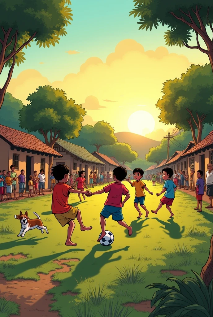 Create a vibrant comic scene of a local village football match. The setting is a rustic village with simple houses, dirt roads, and a small grassy field surrounded by trees. Children of different ages are playing barefoot, with one team wearing colorful mismatched jerseys and the other in plain shirts. The expressions on their faces show excitement and determination. Spectators, including villagers, some sitting on fences or tree branches, cheer enthusiastically. A dog runs along the field, adding to the lively atmosphere. The sky is clear with a warm, golden sunset, casting long shadows across the field.