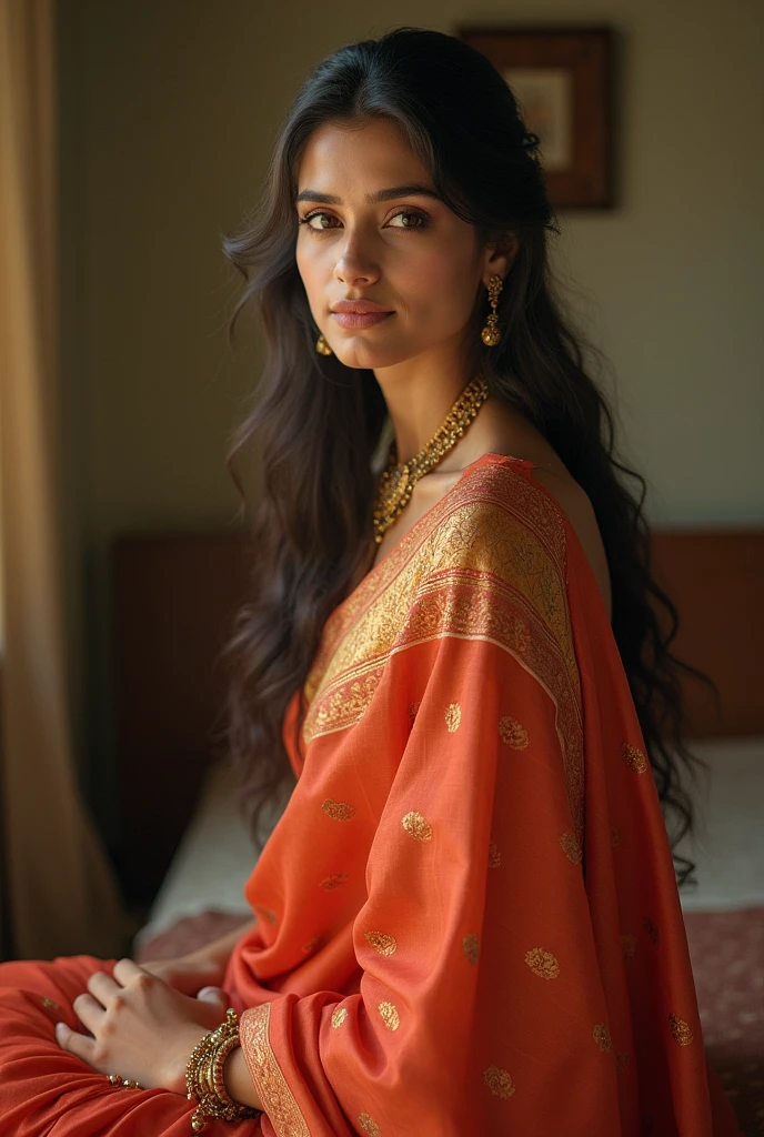 A beutiful women parfect face 25 year old woman wearing saree thin body at home.