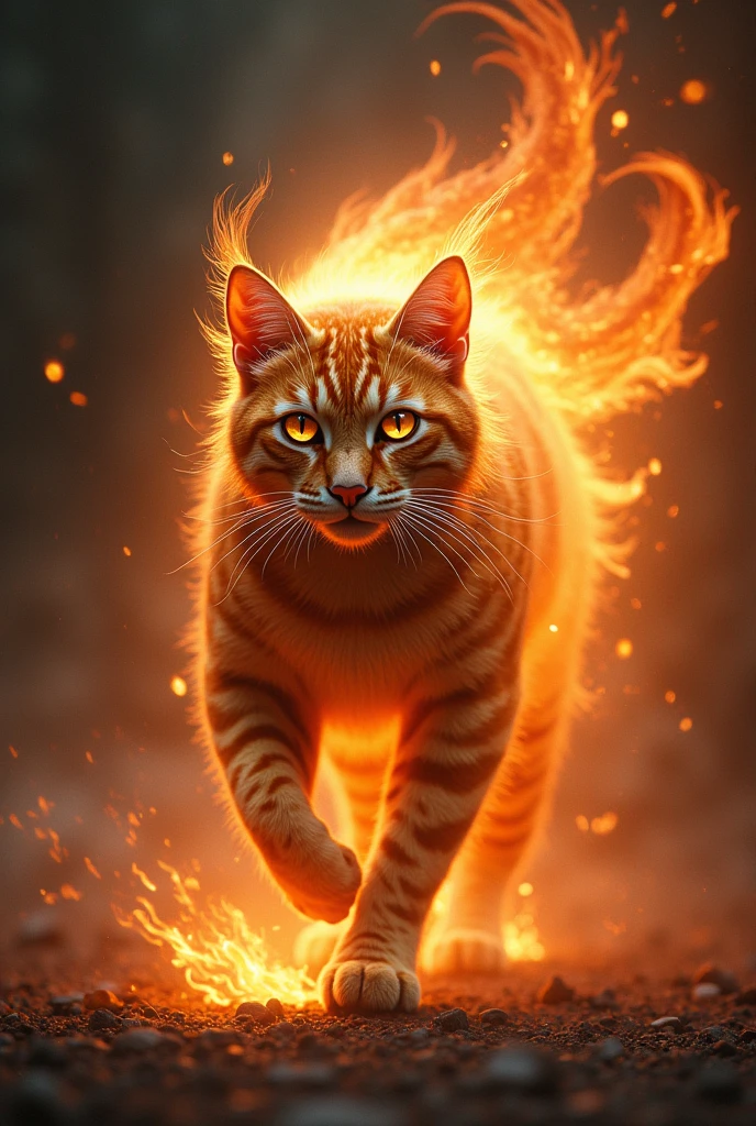 A cat in an attacking pose with the aura of a phoenix