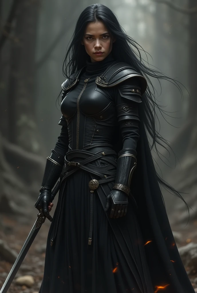 A girl of 5.8 feet long black hair Indian. In a warrior dress holding a sword. Change that dress. Don't make her Indian princess make the cloth black not a gown