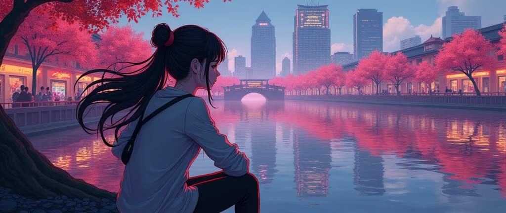 Vietnamese girl, cyberpunk scenery of Hoan Kiem lake, anime style