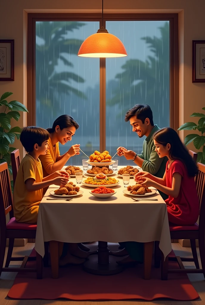 Six chairs with dinning table full family having dinner a window view outside raining the table has chicken dishes and kheer