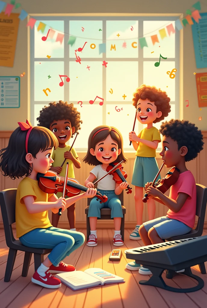 Generate an image for the following tweet: 🎨 Children’s brains develop faster with exposure to music! Kids who learn to play an instrument often excel in math. #FunFactFriday #Education