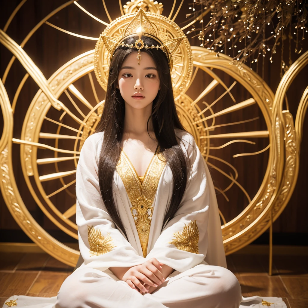 "Embracing Spiritual Challenges: The Path to Inner Growth and Universal Harmony" A beautiful young woman sits in meditation, her long hair cascading down. She is adorned in an exquisitely embroidered white robe with intricate gold patterns. Surrounding her are geometric designs and complex golden Star of David symbols, with some forming a large halo behind her head, background universal vibrations cosmic energy, unconditional love, spiritual awakening,