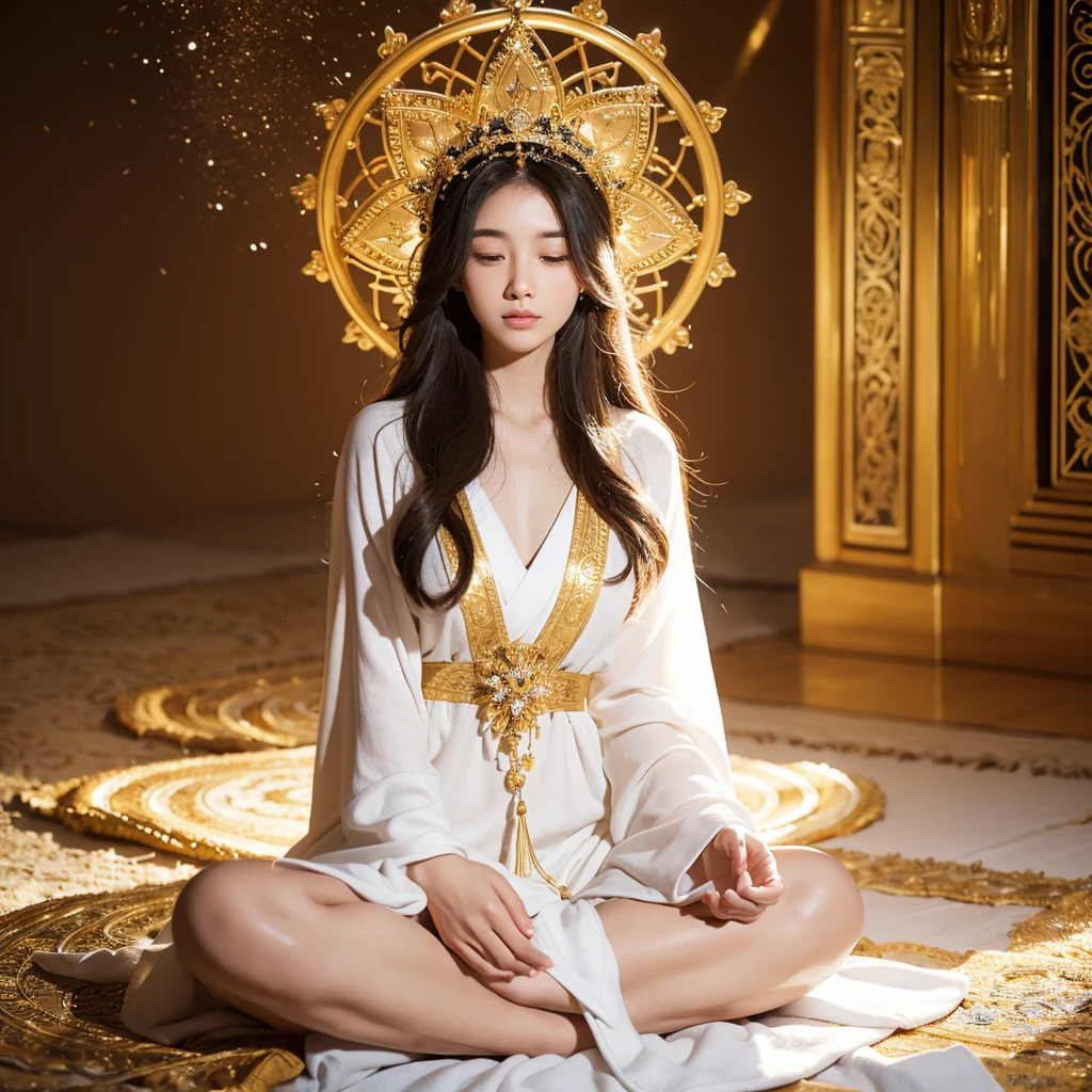 "Embracing Spiritual Challenges: The Path to Inner Growth and Universal Harmony" A beautiful young woman sits in meditation, her long hair cascading down. She is adorned in an exquisitely embroidered white robe with intricate gold patterns. Surrounding her are geometric designs and complex golden Star of David symbols, with some forming a large halo behind her head, background universal vibrations cosmic energy, unconditional love, spiritual awakening,