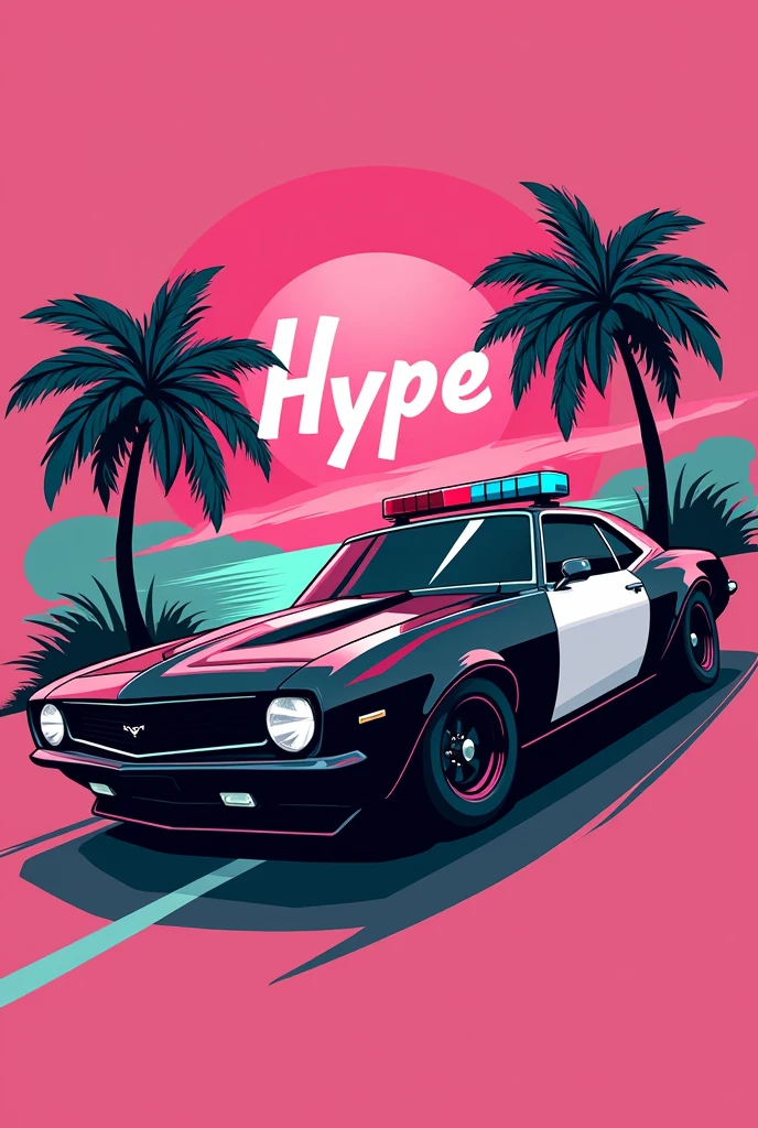 Create a pink logo for a game called hype with a black police car and some coconut trees in the background
