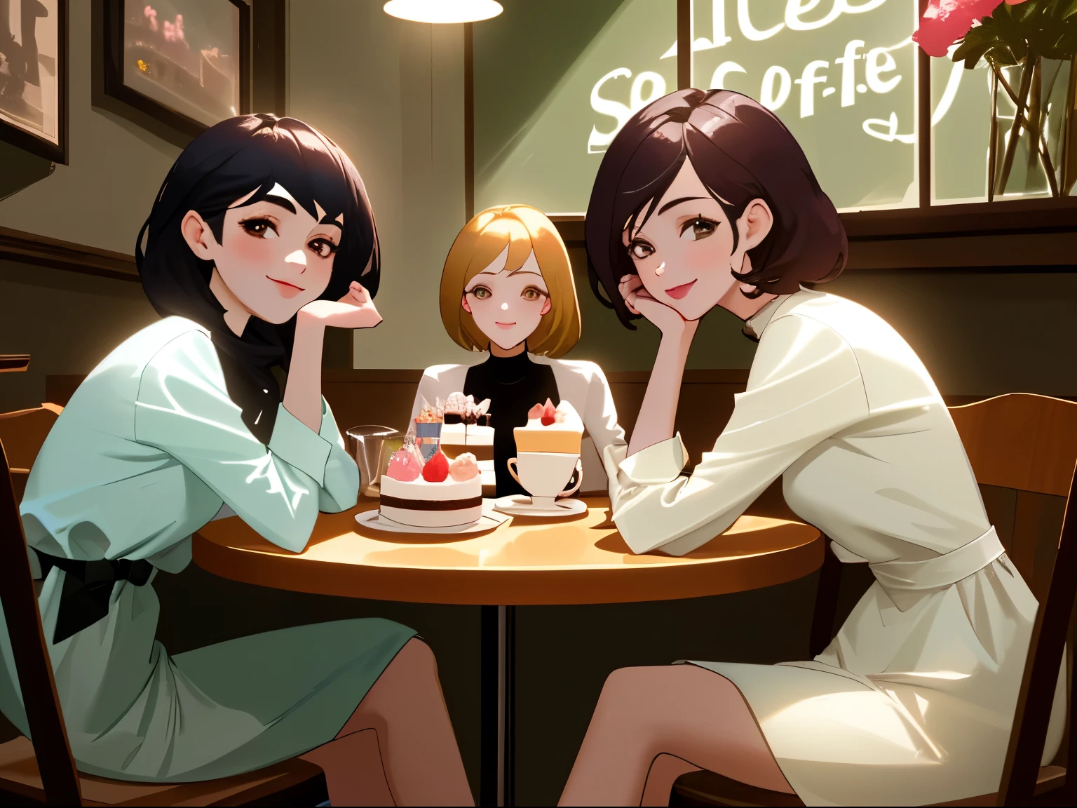 masterpiece, 3 girls, beautiful faces, wearing fashion casualwear, sitting around the table, at the cafe, talking and laughting, best quality, flowers on the background, shinning bright lighting, cakes and cups of coffee on the table