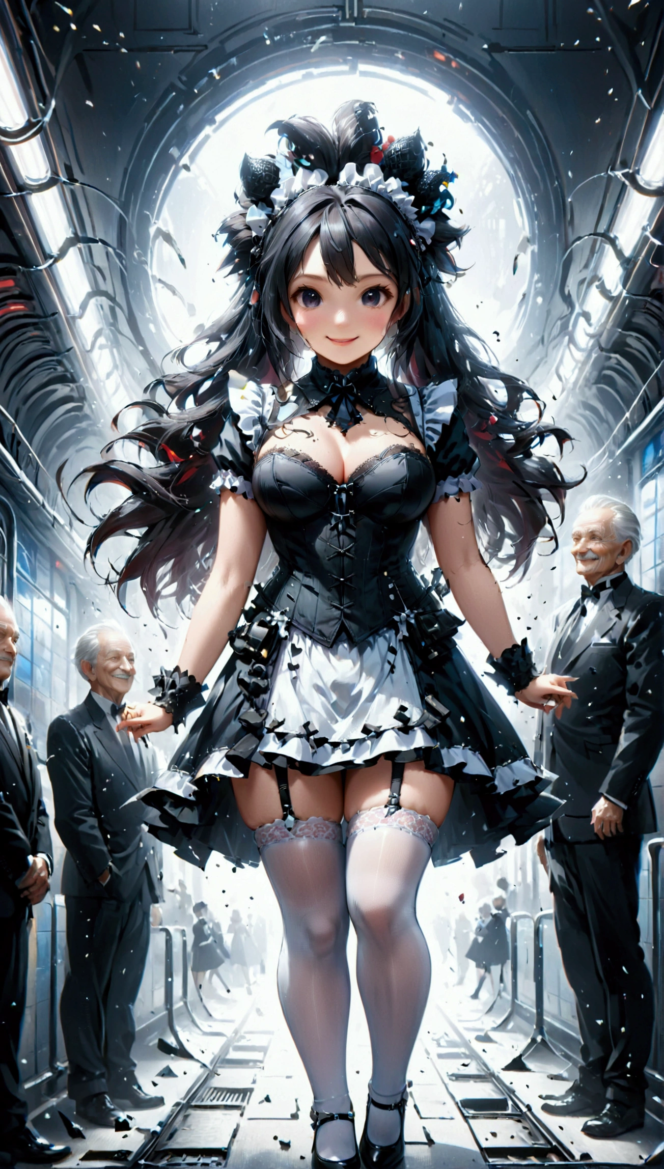 1 woman in black maid outfit with white skirt, white stockings, and tight corsets, showing immense curves, mohican hairstyle, extremely pretty. Surrounded by elderly gentlemen who admire her. She playfully starts to show off, taking advantage of the attention. She is facing the viewer, smiling happily, in a futuristic subway setting. anime styling, a masterpiece, higher resolution, 品質, detail, sharply focused, professional image