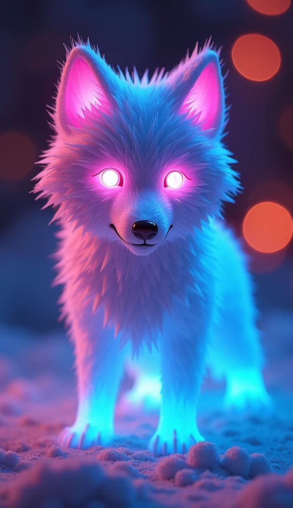 매혹적인 3D rendering은 빛나는 것을 보여줍니다., A very fluffy wolf sculpted entirely from crystal, glowing with vibrant neon colors. This low poly creature looks out of this world, Its big, Glowing low poly eyes that grab the viewer's attention. With a beautiful bokeh background, The glowing wolf is the main focus of this piece.., Inspiring wonder and awe. The innovative use of neon hues and low-poly style in this conceptual art design highlights the artist's creativity and innovative approach to 3D rendering, It made it a truly fascinating and unique piece of art..., vibrant, 3D rendering, product, conceptual art, picture