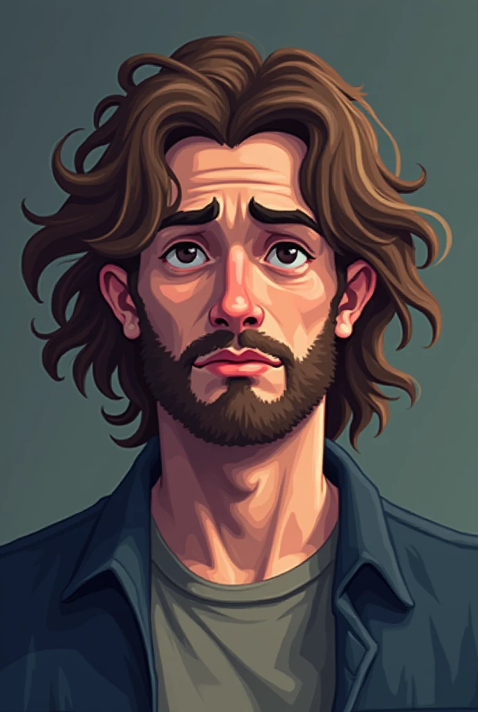 pixelart, pixel style, man in his thirties, long wavy hair, messy look, tired, brown hair, stoic expression, attractive, pixel, pixel art, pixel style