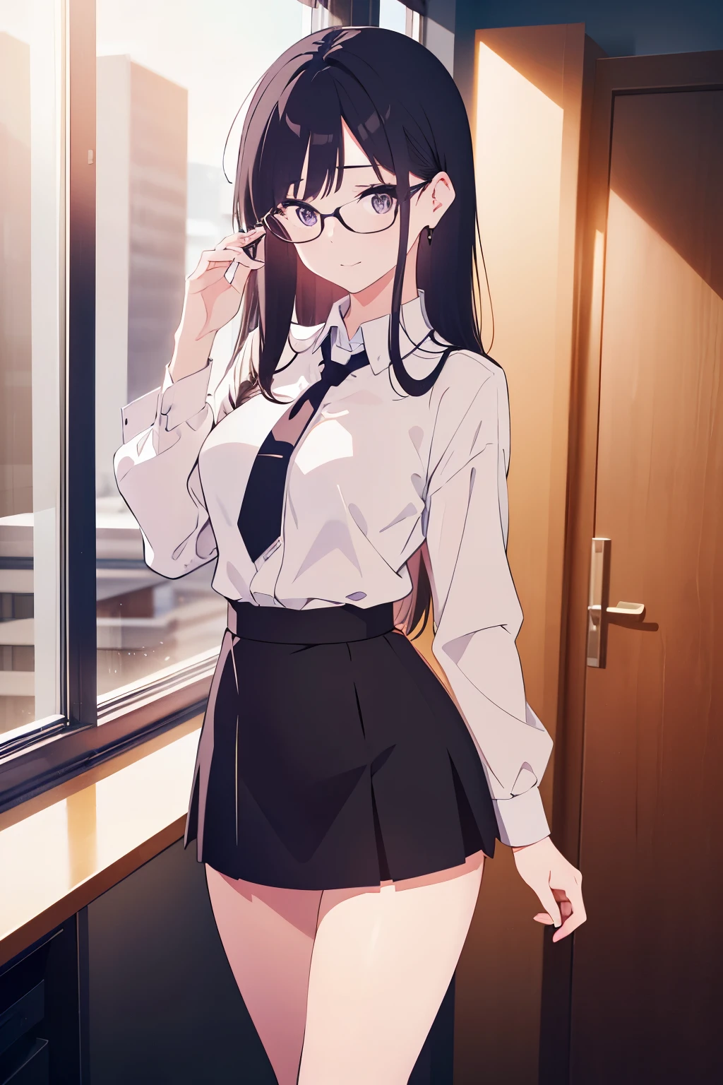 1girl, black hair, purple eyes, bangs to the side, long hair, eyeglasses
BREAK office uniform, short tight black skirt, teacher, sexy, seductive,
BREAK hand holding a book,
BREAK (masterpiece:1.2), best quality, high resolution, unity 8k wallpaper, (illustration:0.8), (beautiful detailed eyes:1.6), extremely detailed face, perfect lighting, extremely detailed CG, (perfect hands, perfect anatomy),