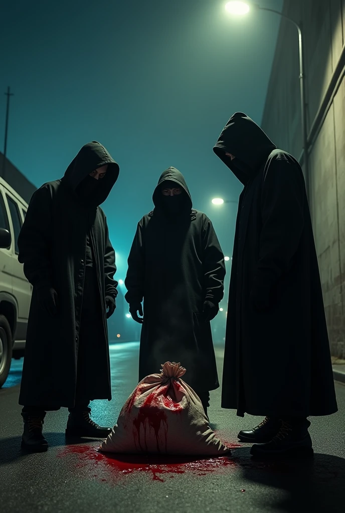 (photorealism:1. 3 people of gang , standing near van  , all of them wearing  black clothes and mask , outdoor  road , cinimatic  lighting, factory wall  in background,  street light , they are watching a sack,  
a lot of blood in sack ,  
